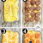 How to make Hawaiian roll breakfast sliders: 1) Layer the eggs over the bottoms of the rolls, 2) Add the sausage, 3) Add the cheese, 4) Add the tops of the rolls and brush with maple butter
