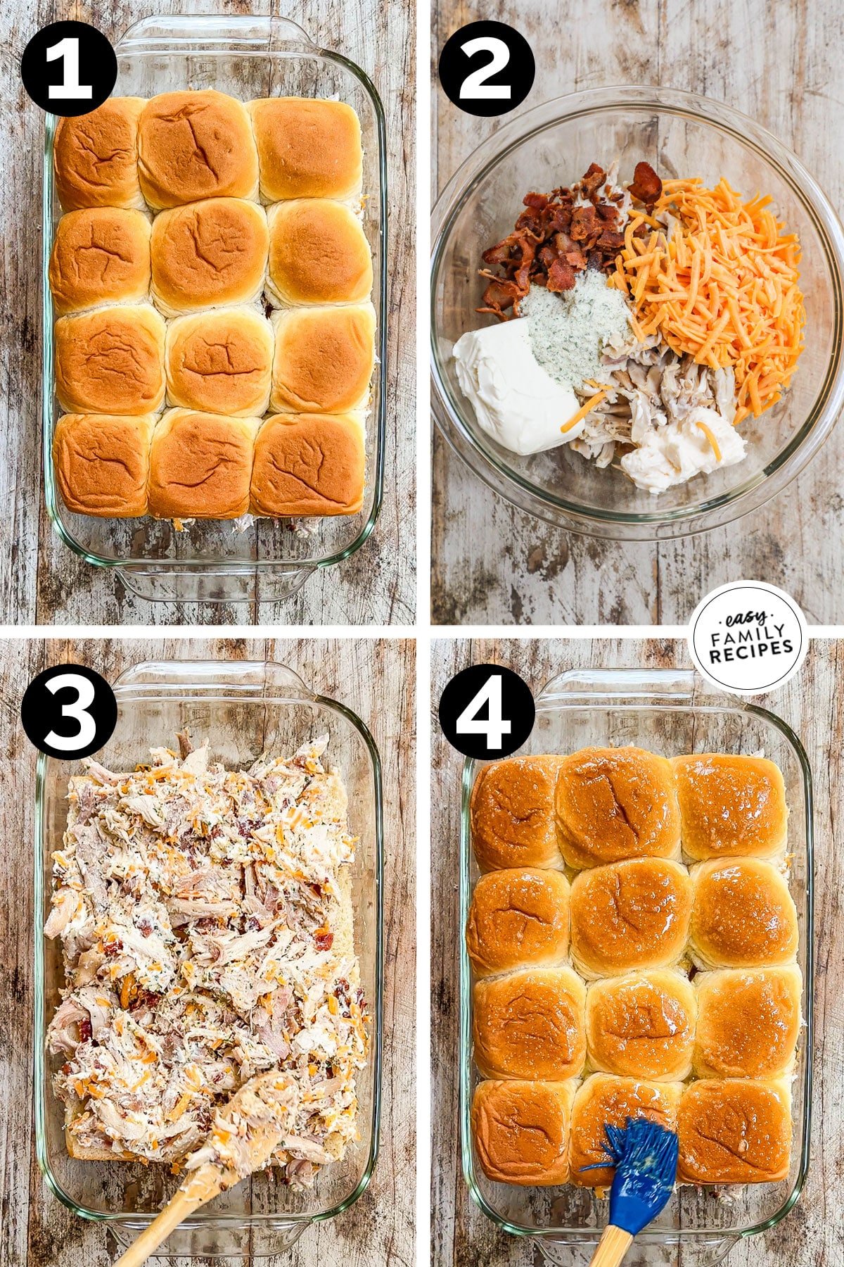 How to make chicken bacon ranch sliders: 1) add rolls to baking dish, 2) stir together filling ingredients, 3) spread filling onto rolls, 4) brush tops of rolls with garlic butter