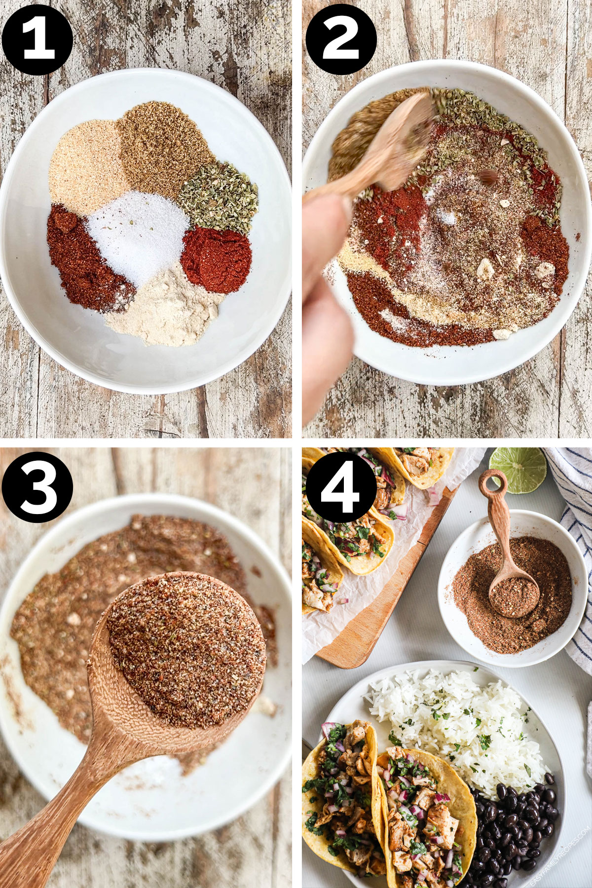 4 Process photos for how to make homemade chicken taco seasoning