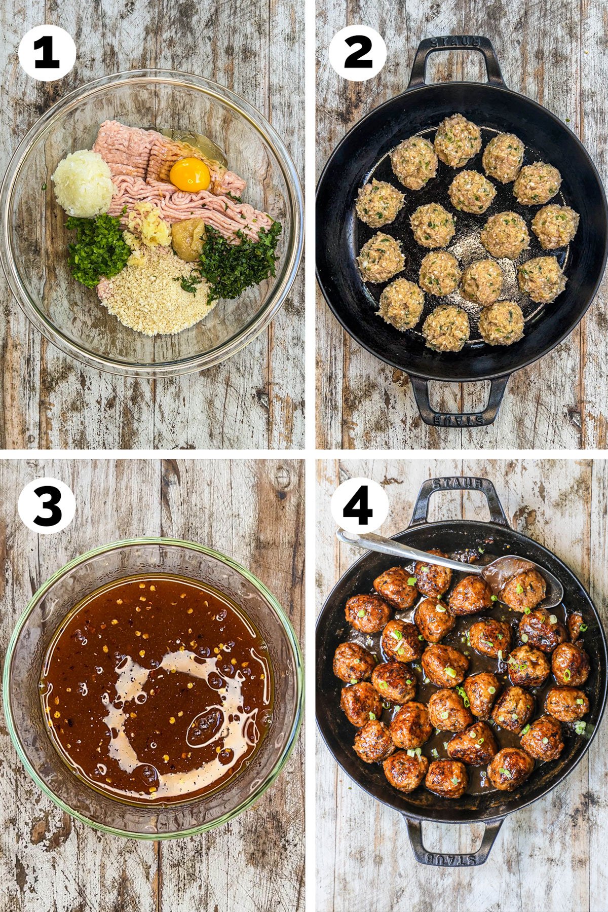 How to make firecracker chicken meatballs: 1) combine the ingredients in a bowl, 2) fry the meatballs, 3) make the sauce, 4) simmer the meatballs in the sauce