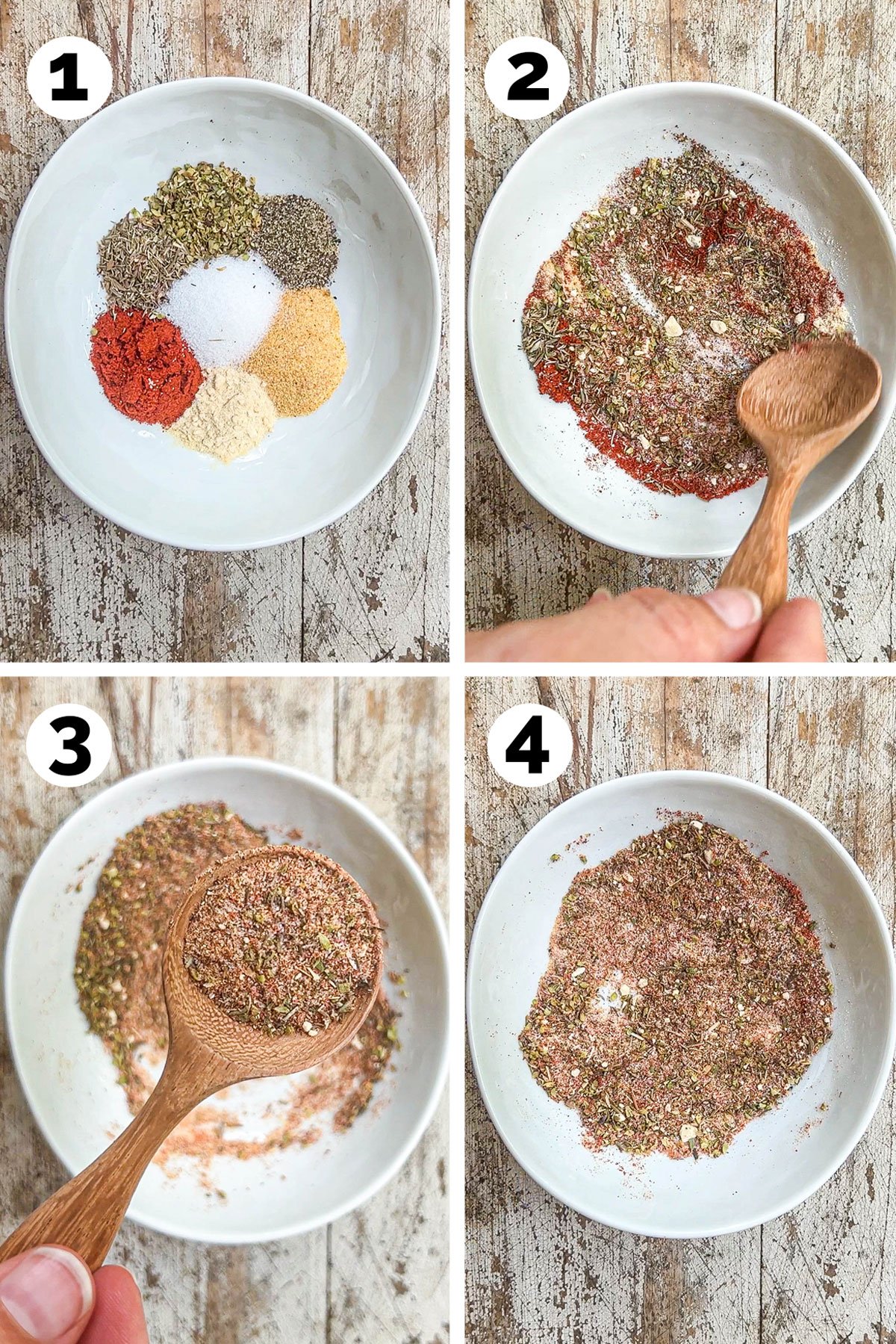 Process photos for how to make ground turkey seasoning. Add spices to bowl. Mix. Then store in an airtight container.