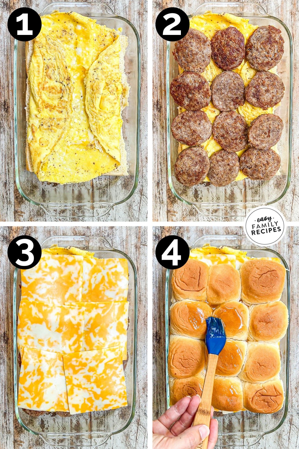 How to make Hawaiian roll breakfast sliders: 1) Layer the eggs over the bottoms of the rolls, 2) Add the sausage, 3) Add the cheese, 4) Add the tops of the rolls and brush with maple butter