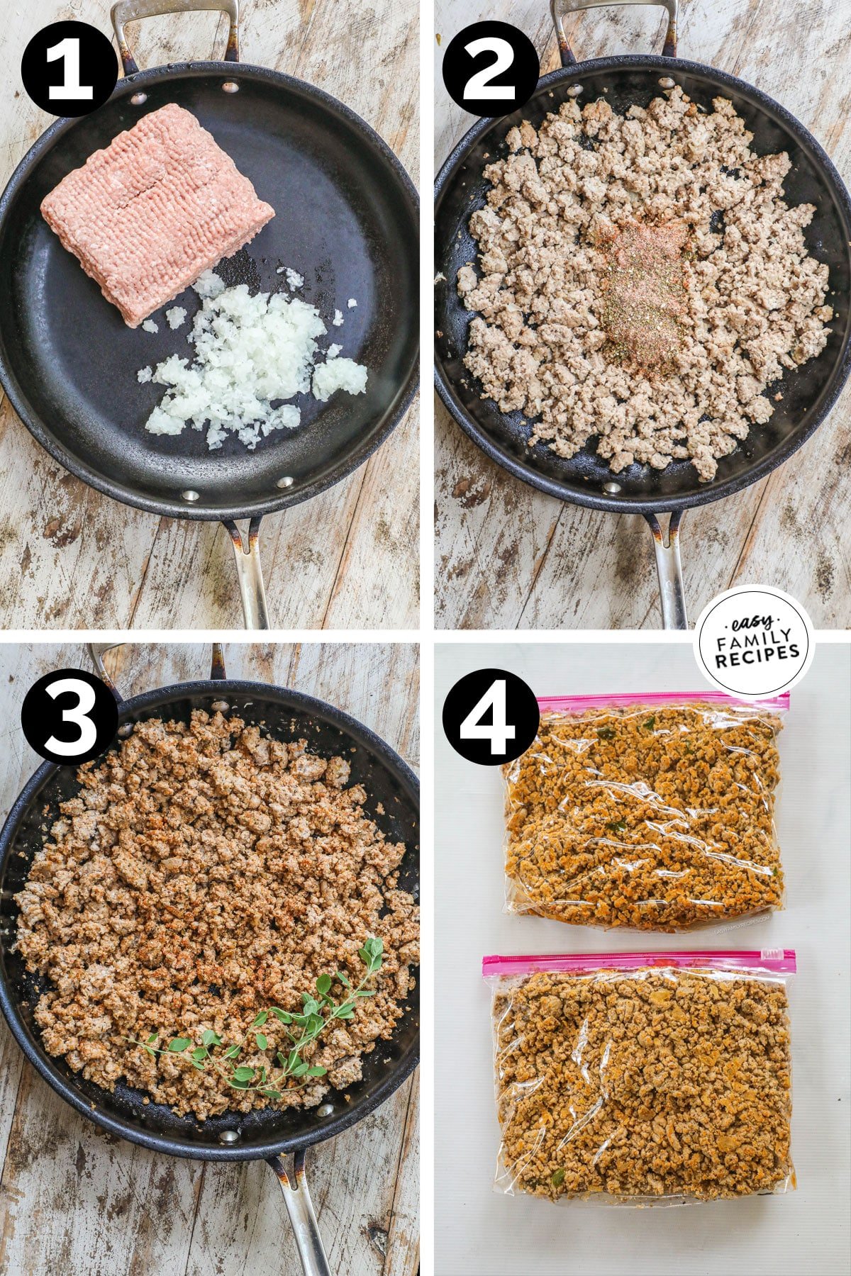 how to make seasoned ground turkey 1) add turkey and onion to a skillet, 2) cook, 3) add seasonings, 4) serve or store!