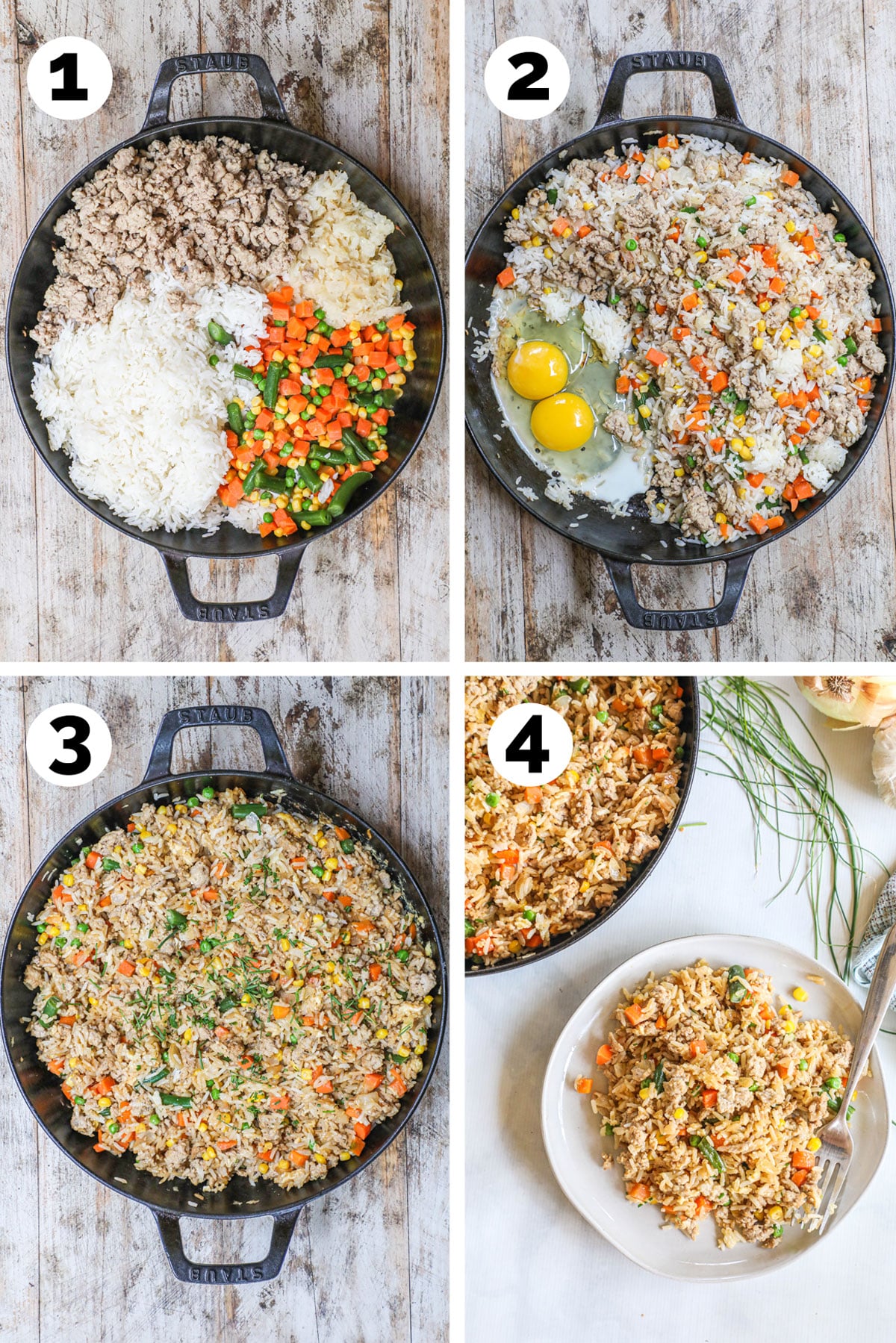 4 image collage making recipe: 1: ingredients in pan before mixing together, 2- after mixed with two eggs added to the side, 3- after fully cooked and combined, 4- recipe served on a small plate next to skillet.