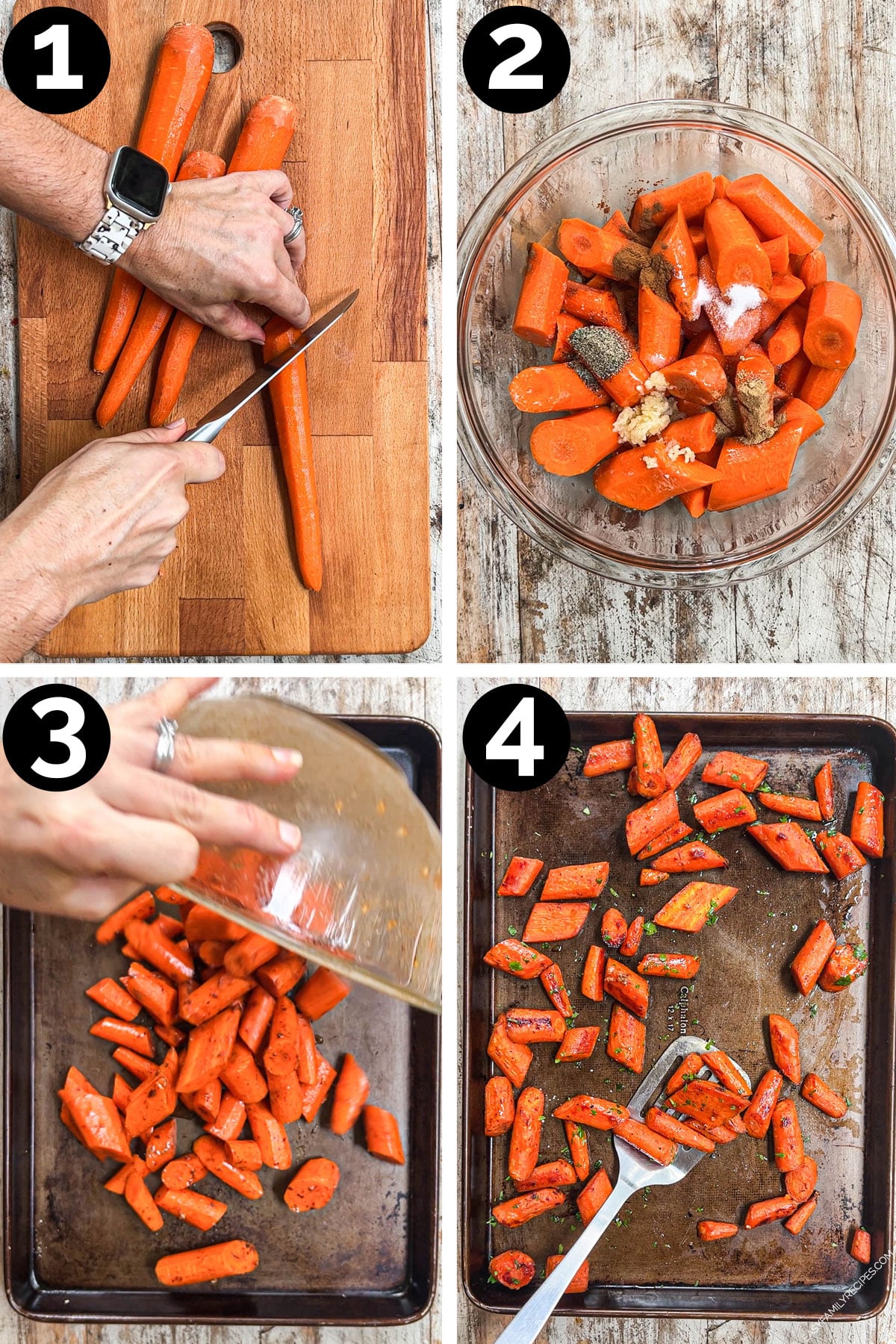 How to make maple glazed carrots: 1) peel and cut the carrots, 2) season, 3) spread onto pan, 4) roast and garnish