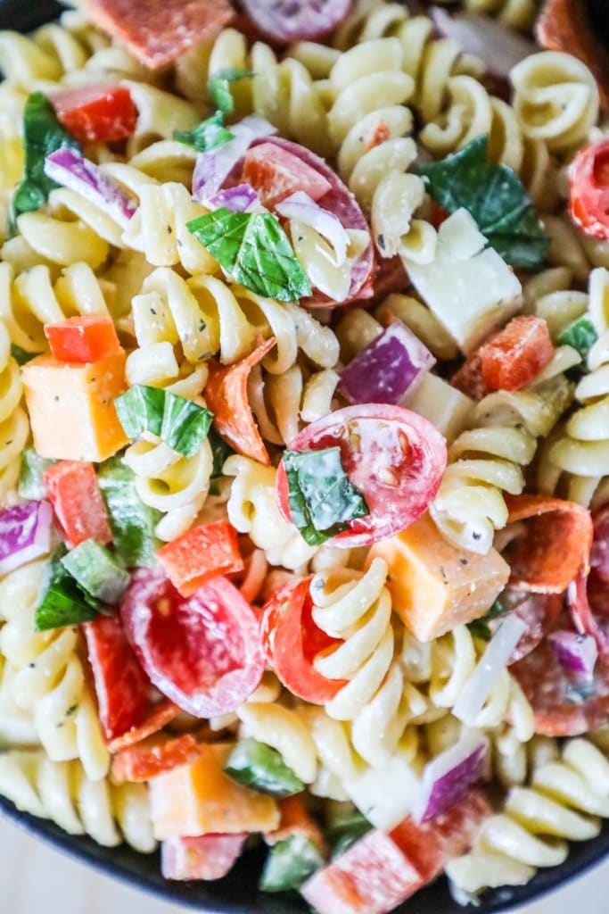 Rotini Pasta Salad with pepperoni and cheese served as a side dish