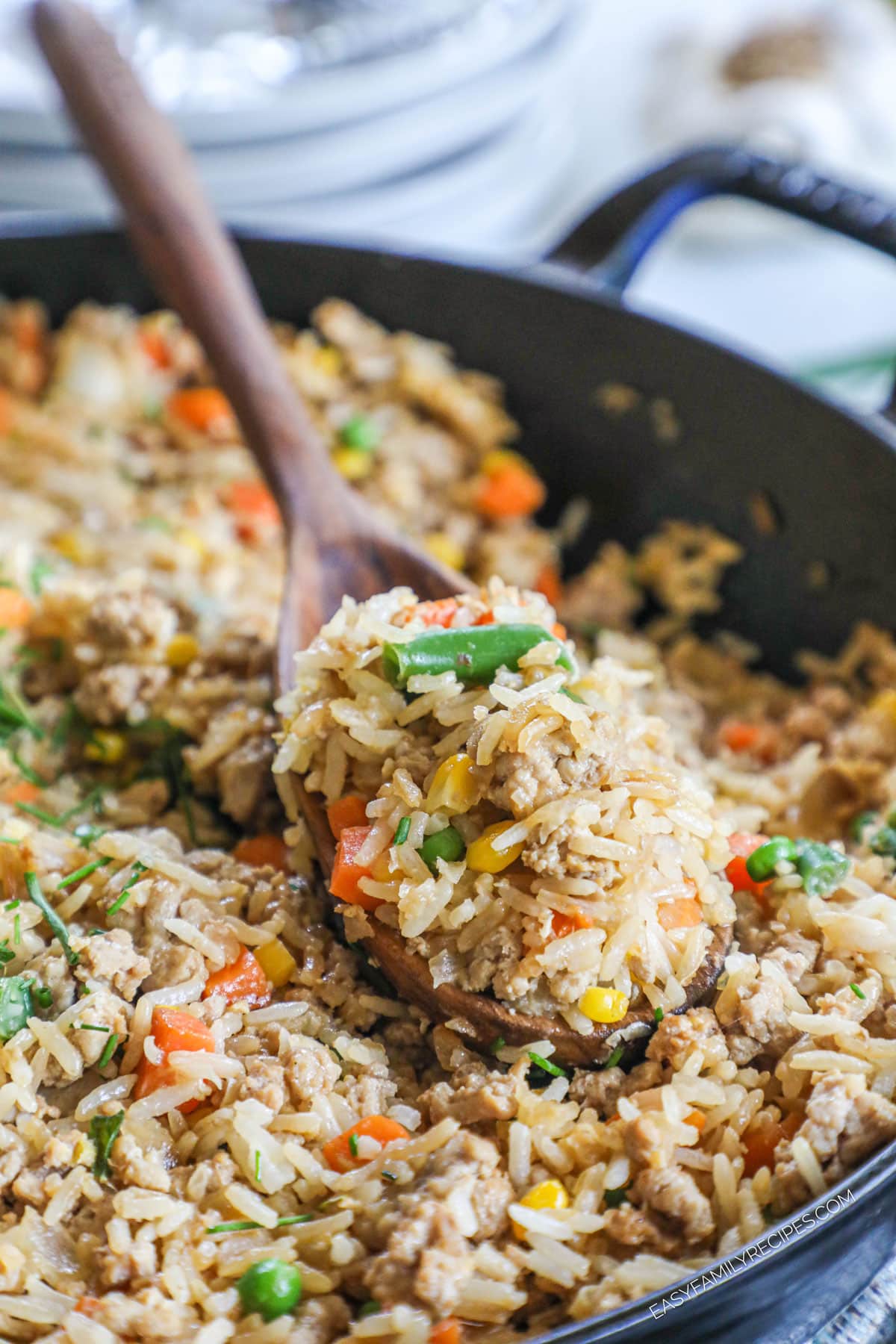 Fried Rice made with Ground Turkey in a skillet ready to eat
