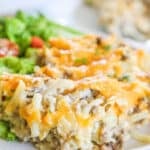 Close up of ground beef hashbrown casserole