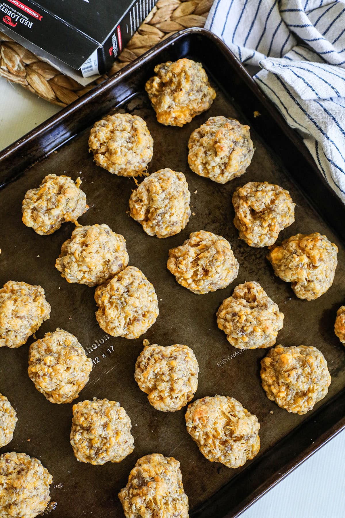 Cheddar Bay Sausage Balls on a baking sheet.