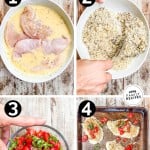 How to make Italian chicken: 1) Marinate the chicken, 2) mix the breadcrumb topping, 3) Stir together the tomato topping, 4) Bake and top