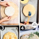 how to bake brie in pie crust, 1) lay out pie crust, 2)add brie and fold up, 3) top with egg wash on a baking sheet, 4)bake and serve!