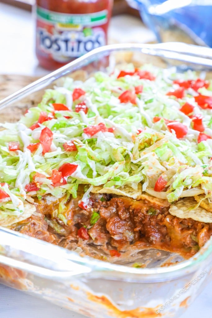 Taco casserole with inside layers showing leftover taco meat