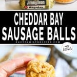 Ingredients for cheddar bay sausage balls and a sausage ball being held up.