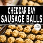 Cheddar Bay sausage balls on a baking sheet with a bite taken out of one.