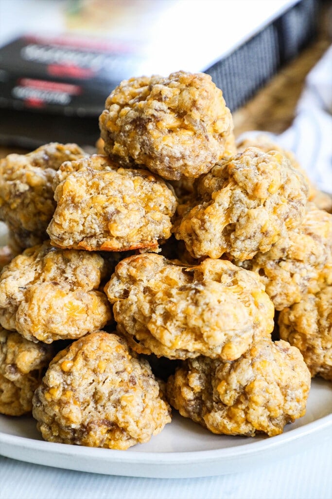 Pile of cheddar bay sausage balls ready to serve.