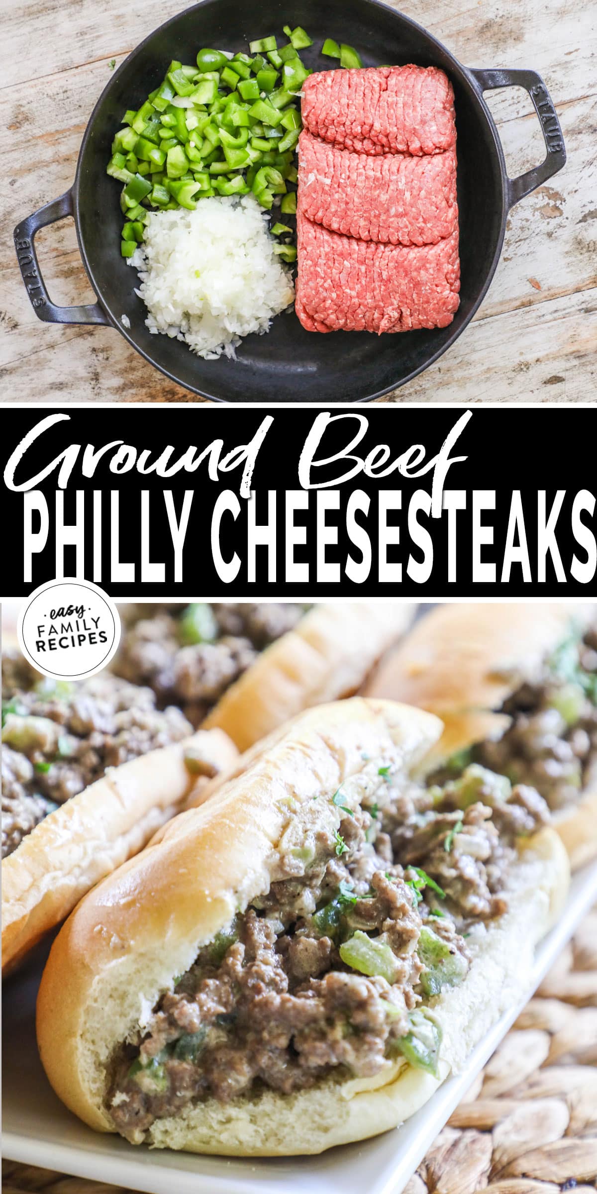 a large skillet with ground beef, bell pepper, and onion, then an assembled platter of philly cheesesteak sandwiches.