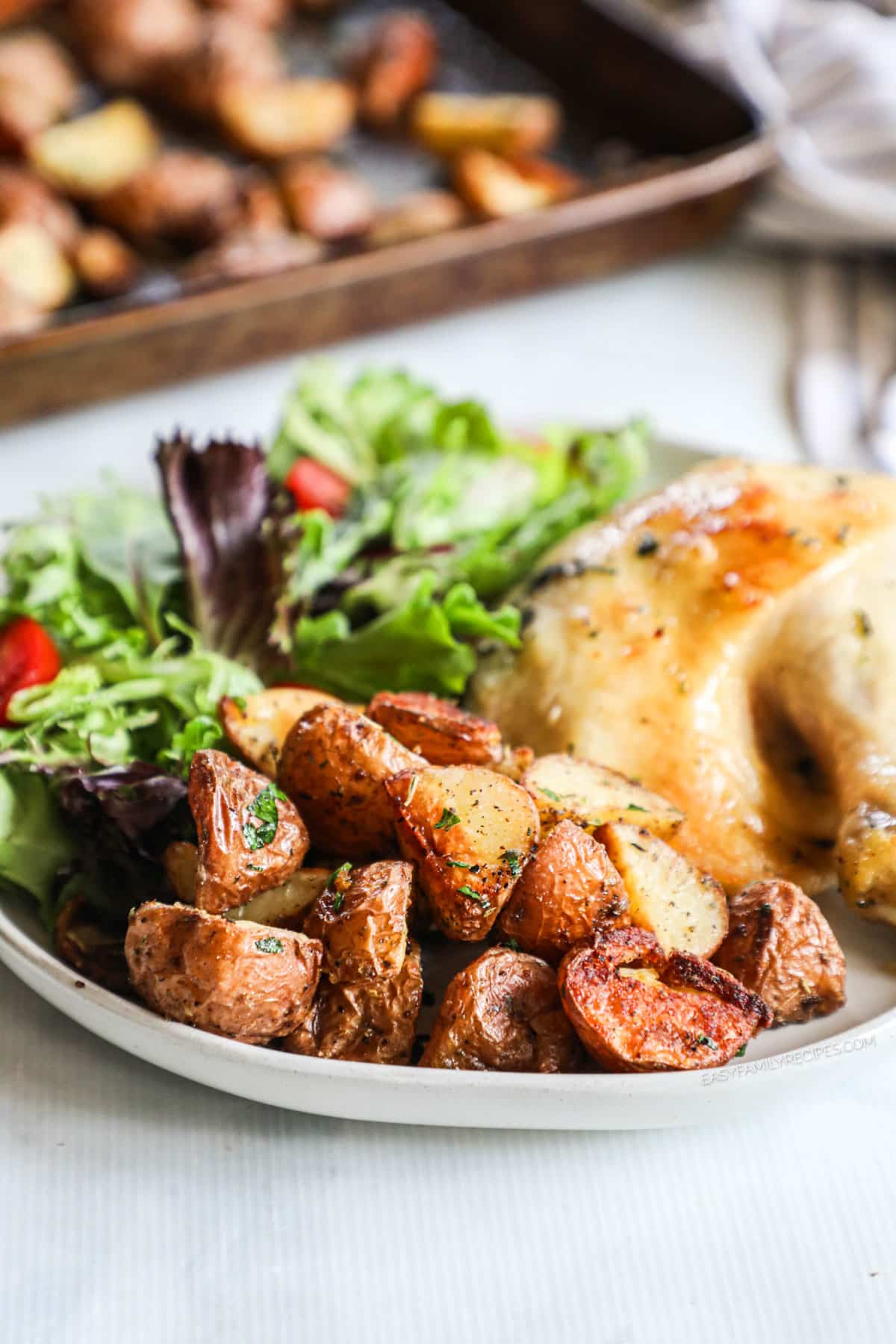 Herb Roasted Red Potatoes served with dutch oven chicken and house salad