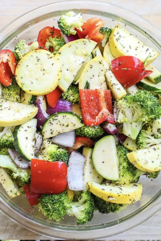 Vegetables in a bowl with seasoning