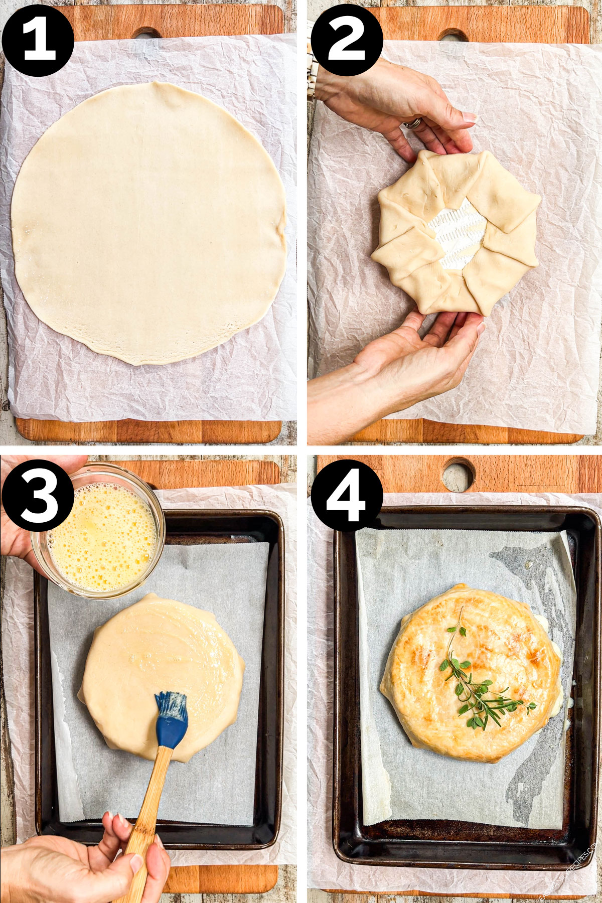 how to bake brie in pie crust, 1) lay out pie crust, 2)add brie and fold up, 3) top with egg wash on a baking sheet, 4)bake and serve!