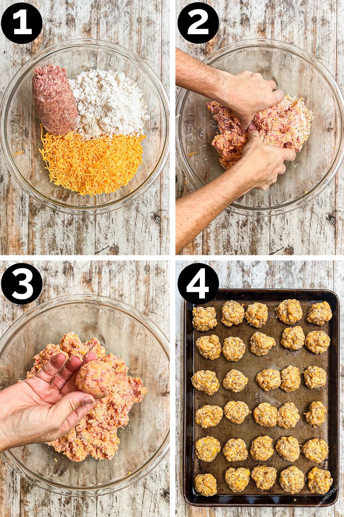 4 image collage making recipe: 1 ingredients in a bowl before mixing, 2- hands in mixture combining well, 3- rolling sausage mixture into small balls, 4- sausage balls lined on a baking sheet.