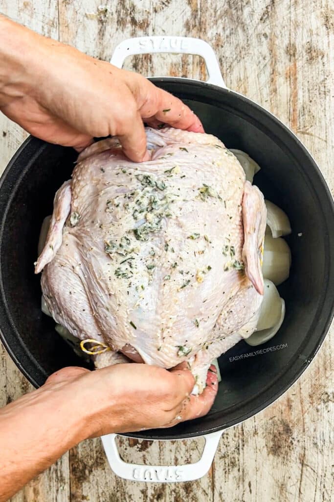 Third step process shot showing the chicken being placed in the dutch oven on top of the onions.
