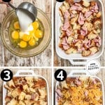 How to make Ham & Cheese Croissant Breakfast Casserole: 1) Make the custard, 2) Layer the ingredients, 3) Pour in the custard, 4) Add the cheese and bake