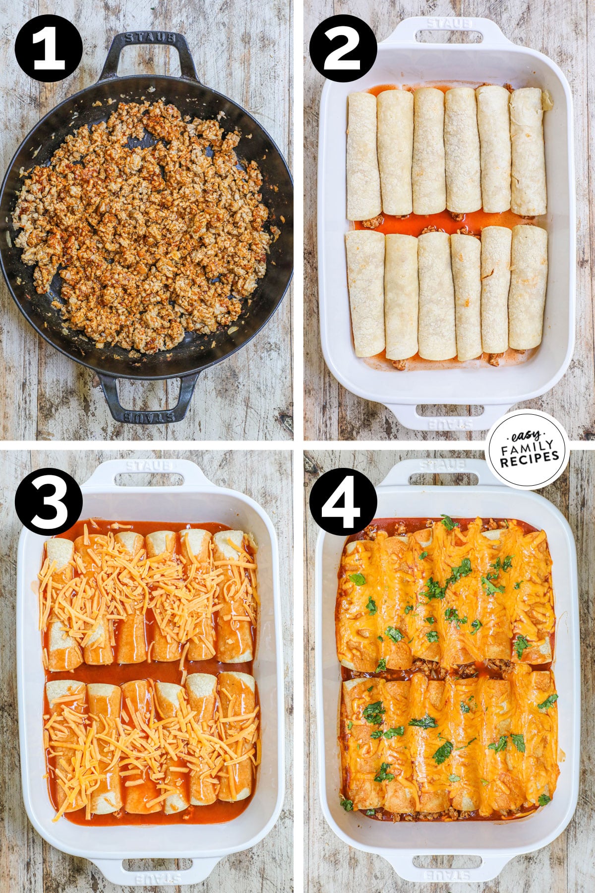 4 image collage making recipe: 1-ground turkey, onions, and seasoning after cooking in a skillet, 2- corn tortillas with meat mixture rolled up in a baking dish, 3- enchilada sauce and cheese added on top, 4- after baking to show melty cheese and garnished with fresh cilantro.