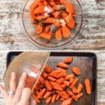 How to make maple glazed carrots: 1) peel and cut the carrots, 2) season, 3) spread onto pan, 4) roast and garnish