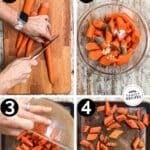 How to make maple glazed carrots: 1) peel and cut the carrots, 2) season, 3) spread onto pan, 4) roast and garnish