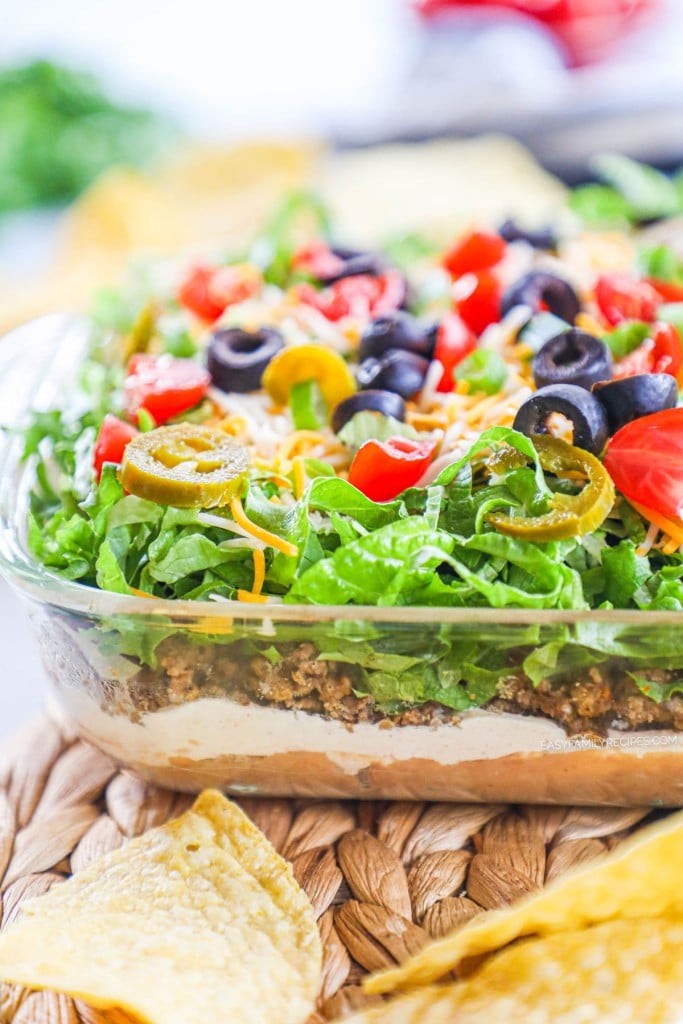 Taco dip with layers of beans, leftover taco meat, sour cream, lettuce, tomato, olives