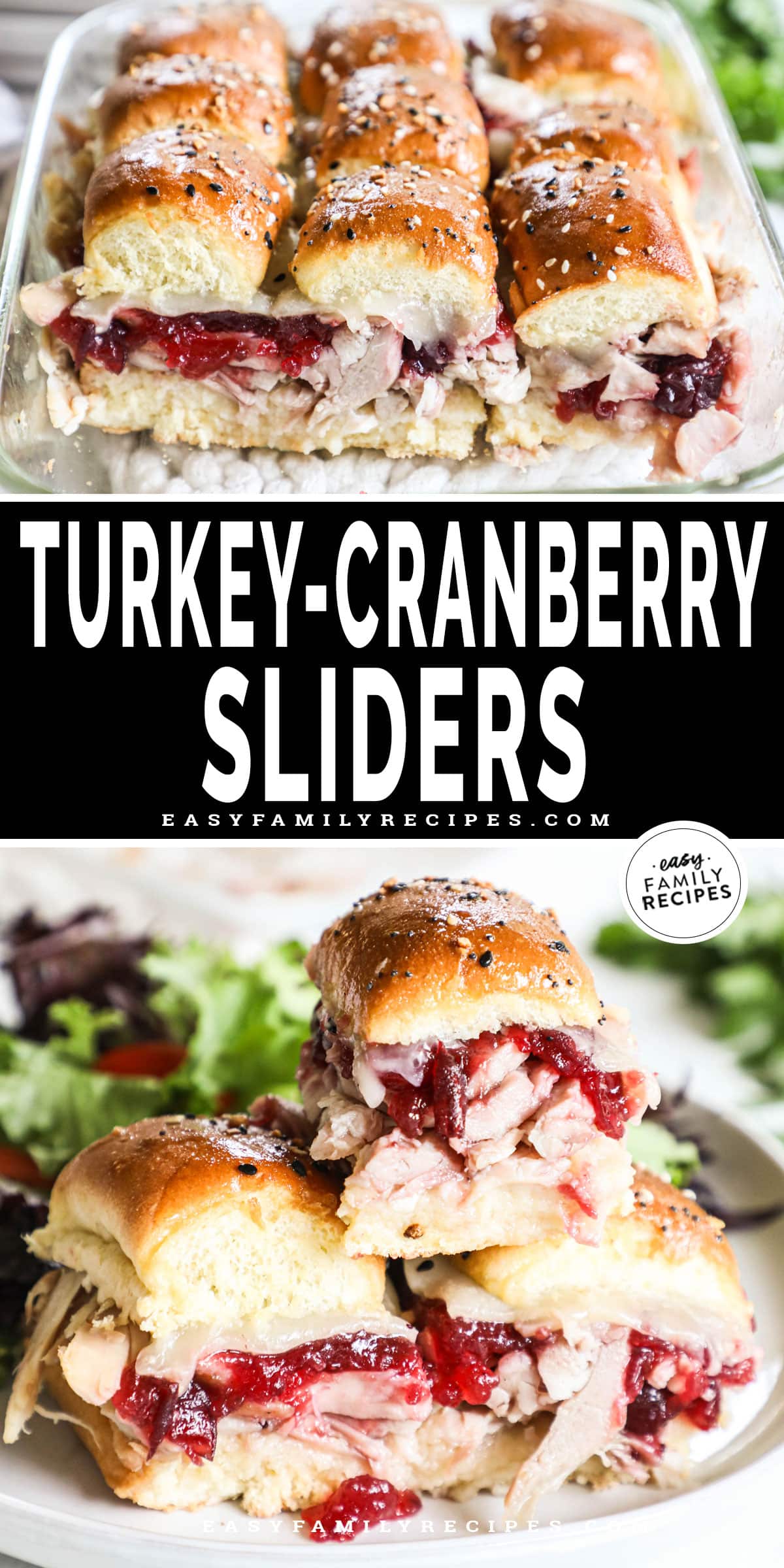 A pan of turkey cranberry sliders with a three stacked on a plate with green salad.