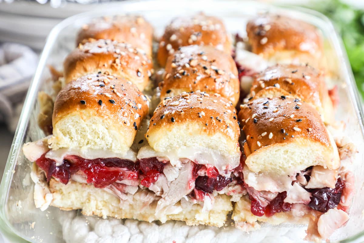 Turkey Cranberry sliders in a baking dish