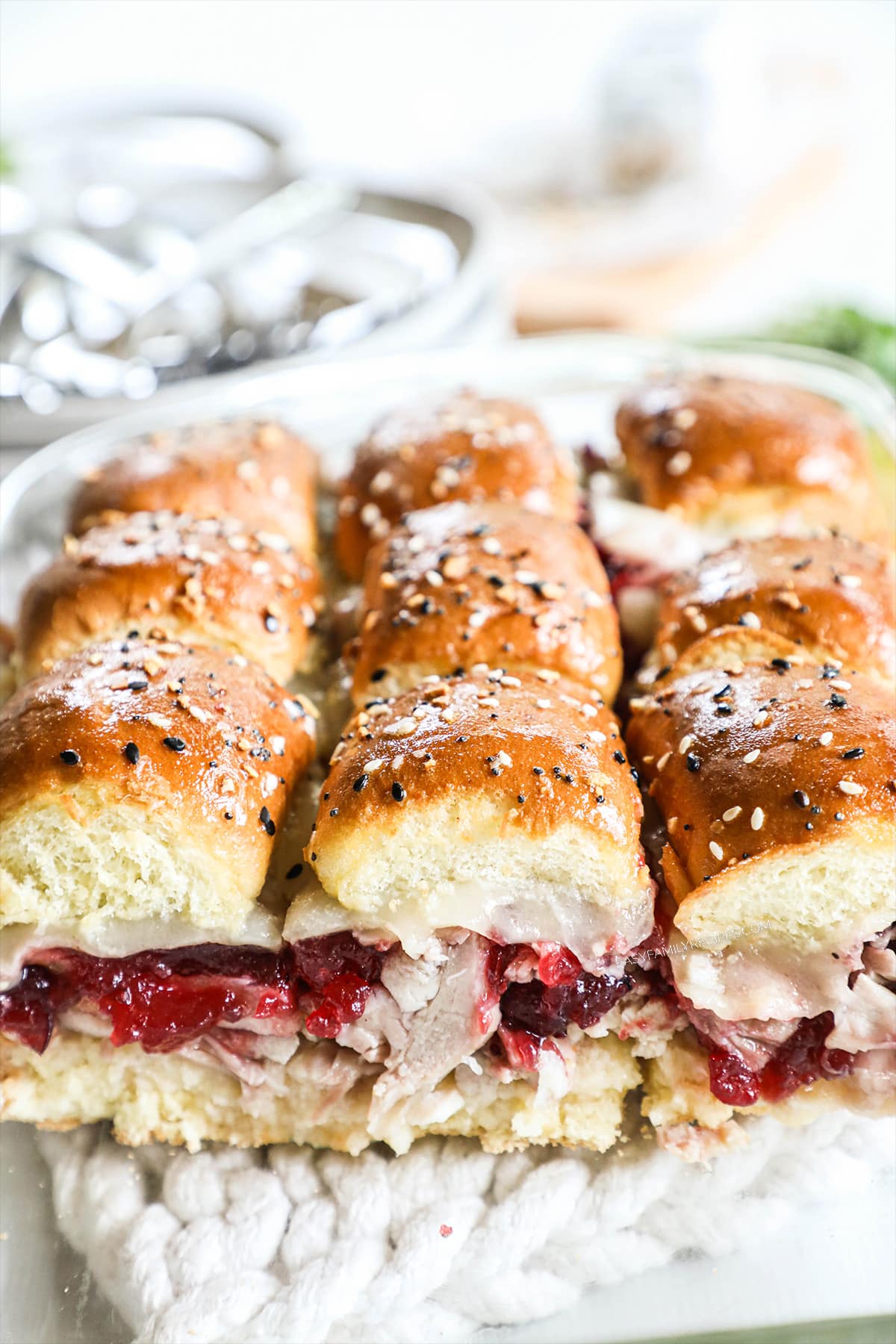 Turkey Cranberry sliders in a baking dish