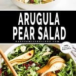 two images of arugula salad, one further back and the other from above and closeup.