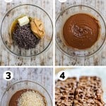 How to make chocolate crunch bars: 1) Combine all of the ingredients for the base in a microwave-safe bowl, 2) Melt, 3) Stir in the cereal, 4) set and serve