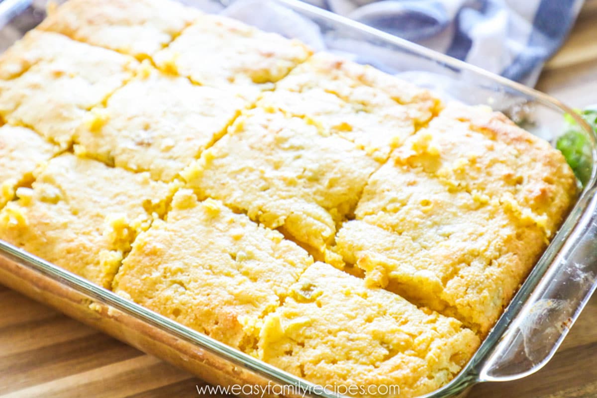 Cornbread in a pan and sliced