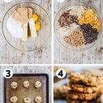how to make cowboy cookies, 1)combine butter, sugar, and eggs, 2) add the other ingredients, 3) form the cookie dough balls, 4) bake and serve!