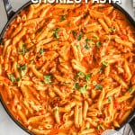 Overhead view of chorizo pasta in cast iron skillet