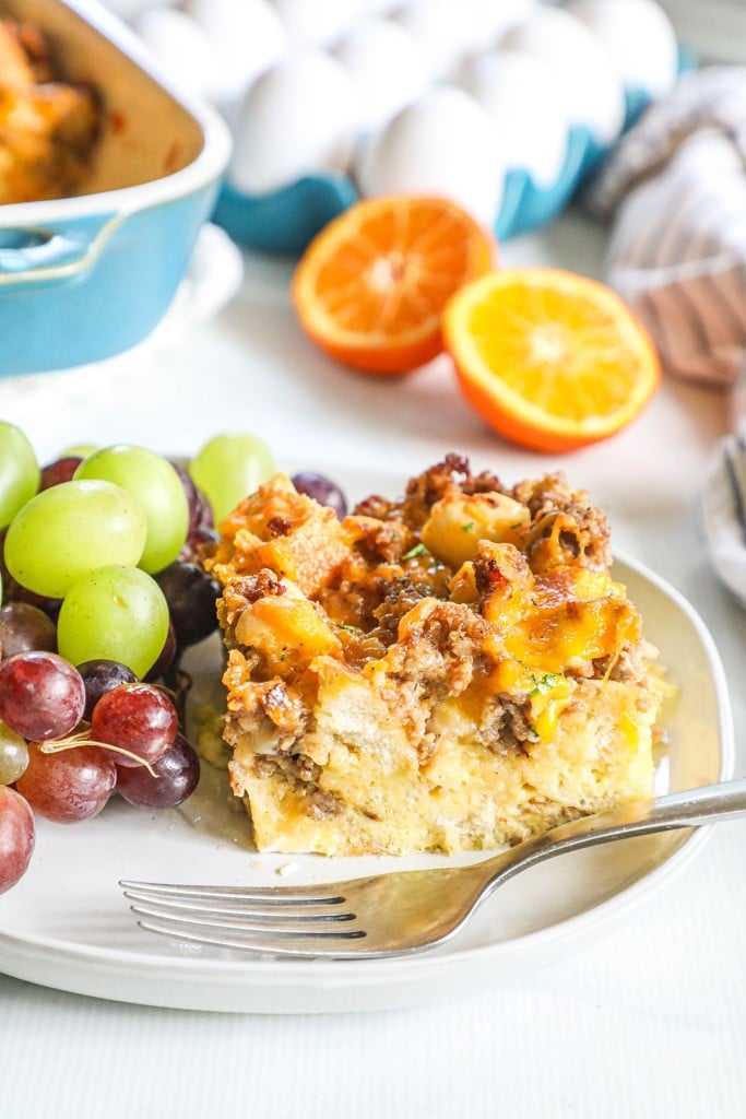 English Muffin Breakfast Casserole with fruit on the side