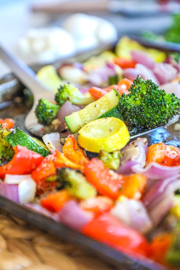 Roasted Vegetable Side Dish on baking sheet ready to be served