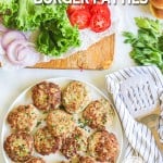 Overhead view of turkey burger patties on plate with cutting board of burger toppings