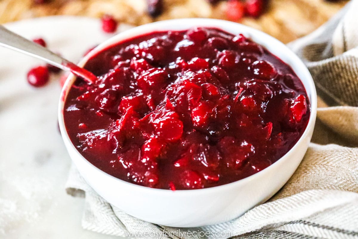 Cranberry sauce in a bowl used as a sauce to serve with Prime Rib