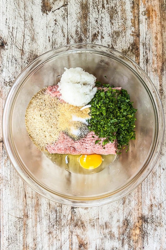 Overhead view of ingredients for ground turkey patties