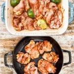 How to make Mexican chicken thighs: 1) season the chicken, 2) marinate, 3) cook the chicken, 4) garnish with cilantro
