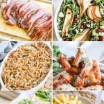 6 images of meals that can be prepped ahead of time. Pot roast, ham, macaroni and cheese and a salad