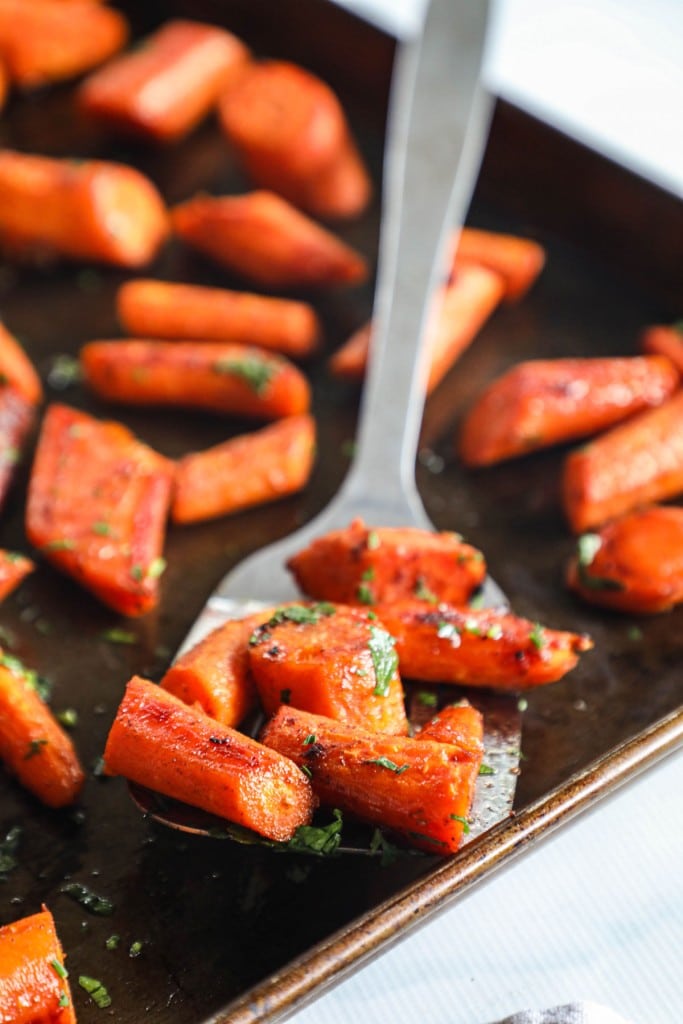 Maple Glazed Carrots on baking sheet to be served as side dish for Prime Rib