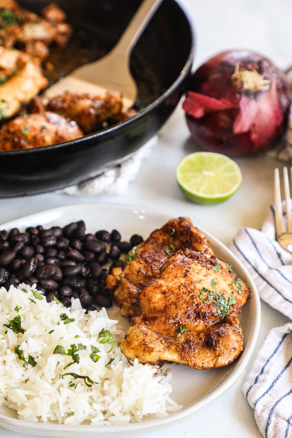 Plate with rice, beans, and Mexican style chicken thighs
