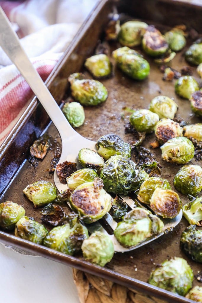 Brussels sprouts on a baking sheet made as a side for prime rib