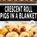 Top photo: pigs in a blanket with everything bagel seasoning, Bottom photo: plate of mini pigs in a blanket