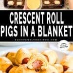 Top photo: pigs in a blanket with a spoon putting butter on top, Bottom photo: plate of mini pigs in a blanket